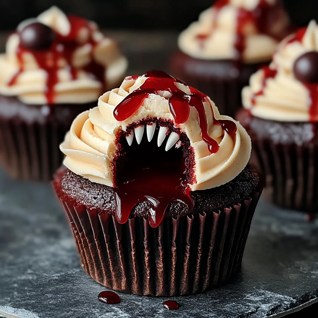 Delicious Halloween Vampire Bite Cupcakes with Creepy Blood Drips