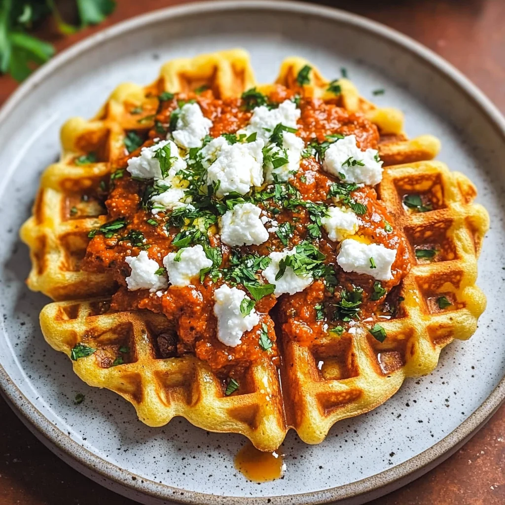 Egg Waffles with Romesco and Goat Cheese