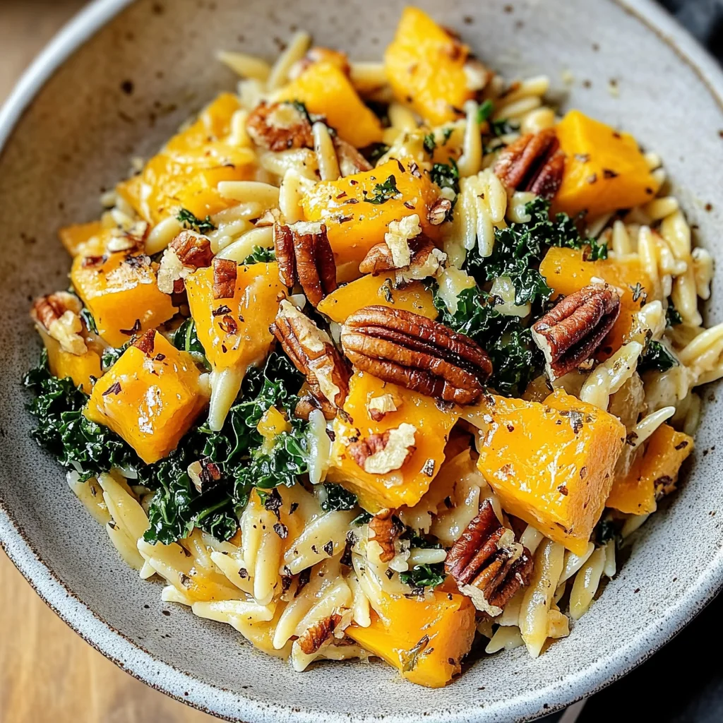 Delicious Butternut Squash Orzo with Creamy Kale and Pecans