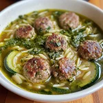 Delicious Meatball and Courgette Orzo Broth with Homemade Pesto