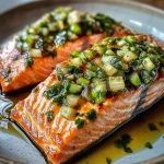 Miso Butter Salmon with Sizzled Scallion Salsa Verde