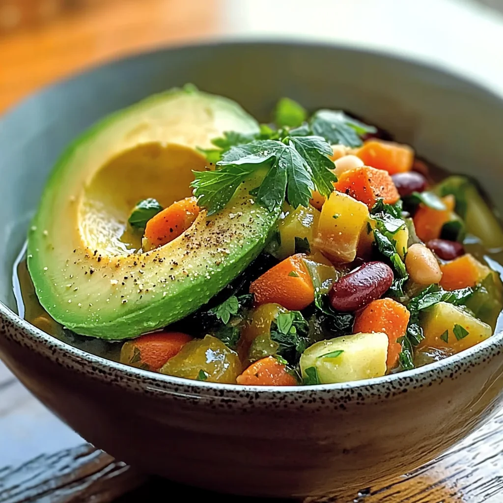 Delicious Warm Avocado & Vegetable Stew with Spinach and Beans