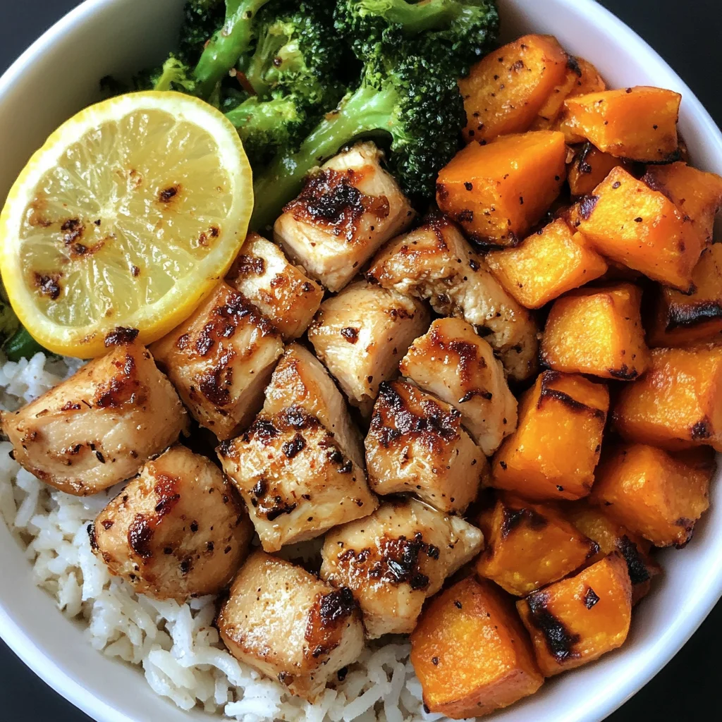 Healthy Chicken & Sweet Potato Rice Bowl with Lemon and Veggies