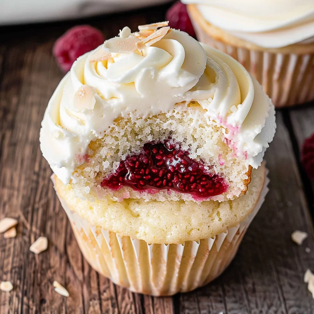 Almond Wedding Cake Cupcakes with Raspberry Filling