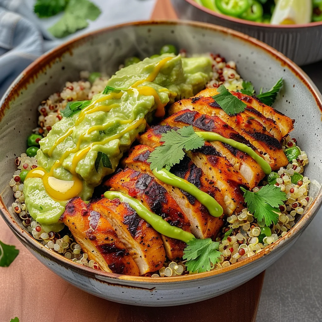Grilled Chicken Quinoa Bowls with Avocado Sauce Delight!