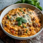 Ground Beef Orzo with Tomato Cream Sauce and Fresh Basil