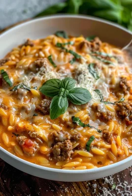 Ground Beef Orzo with Tomato Cream Sauce and Fresh Basil