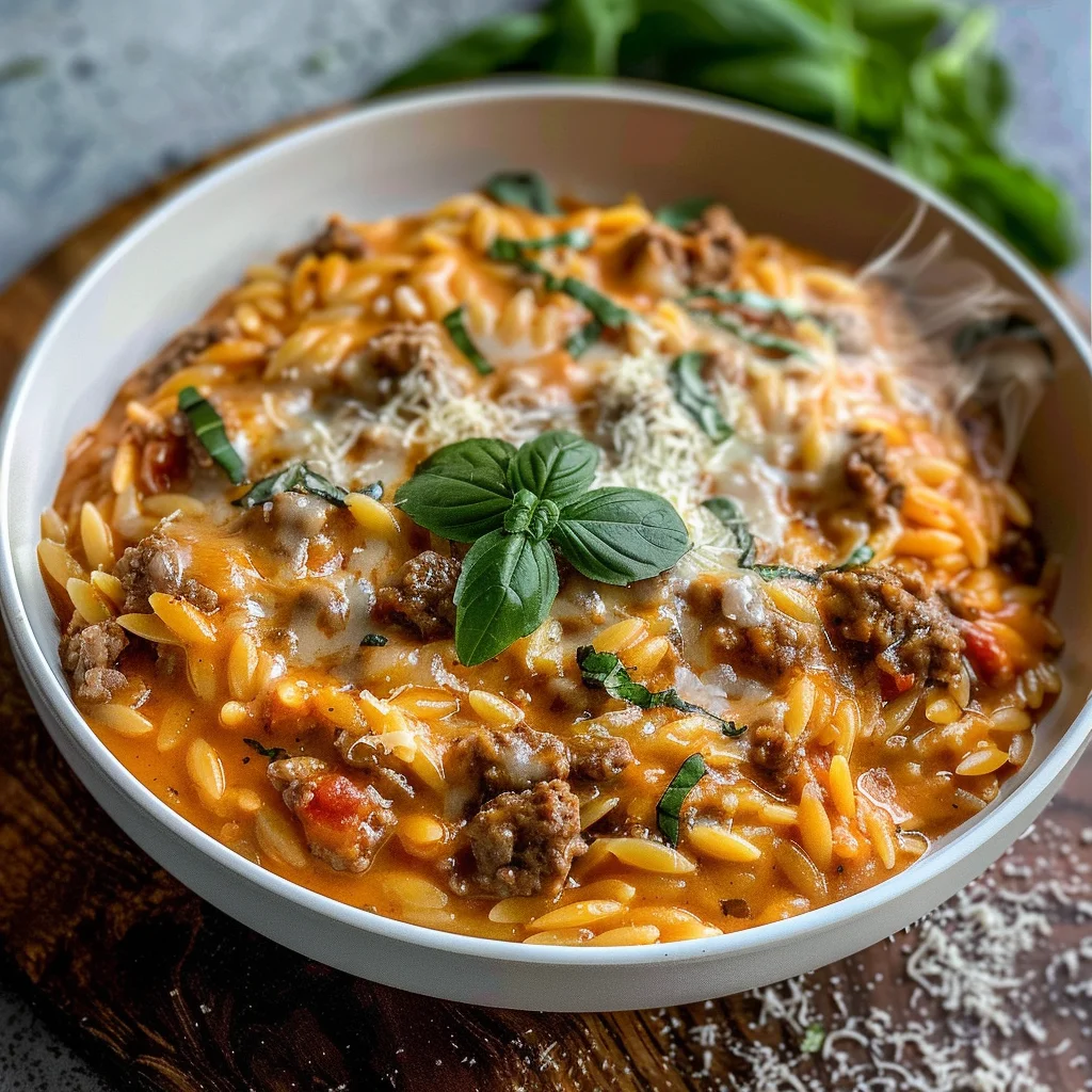 Ground Beef Orzo with Tomato Cream Sauce and Fresh Basil