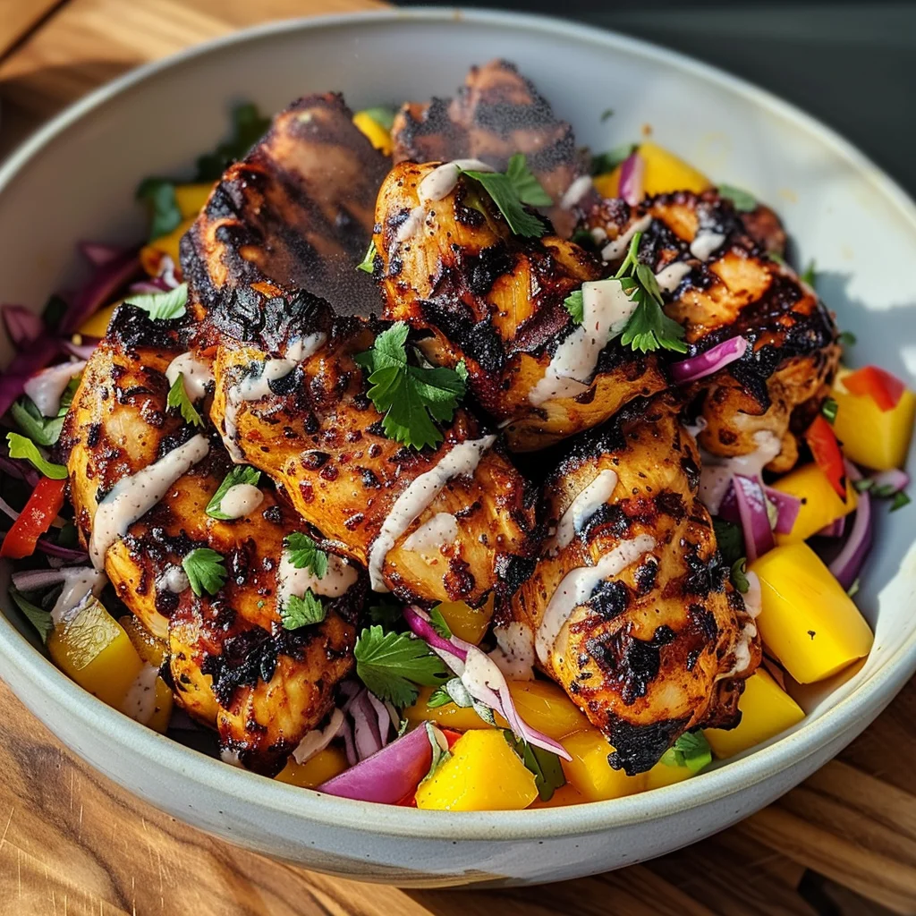 Jerk Chicken & Mango Slaw Bowls with Honey Lime Cream