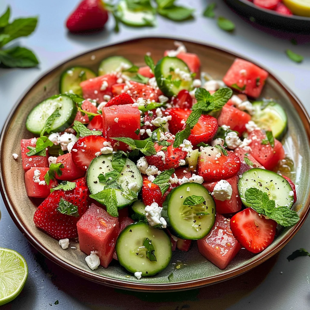 Watermelon Cucumber Salad with Strawberries and Feta