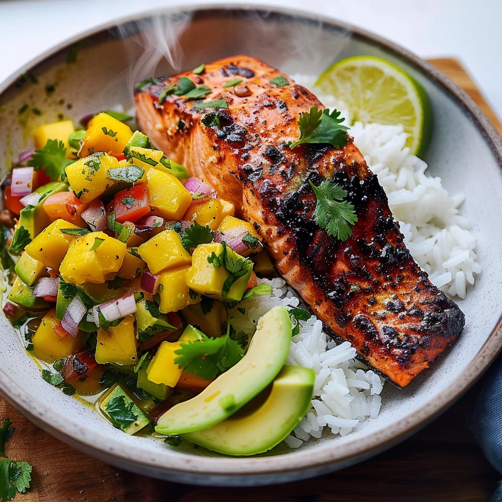 BBQ Salmon Bowls with Mango Avocado Salsa
