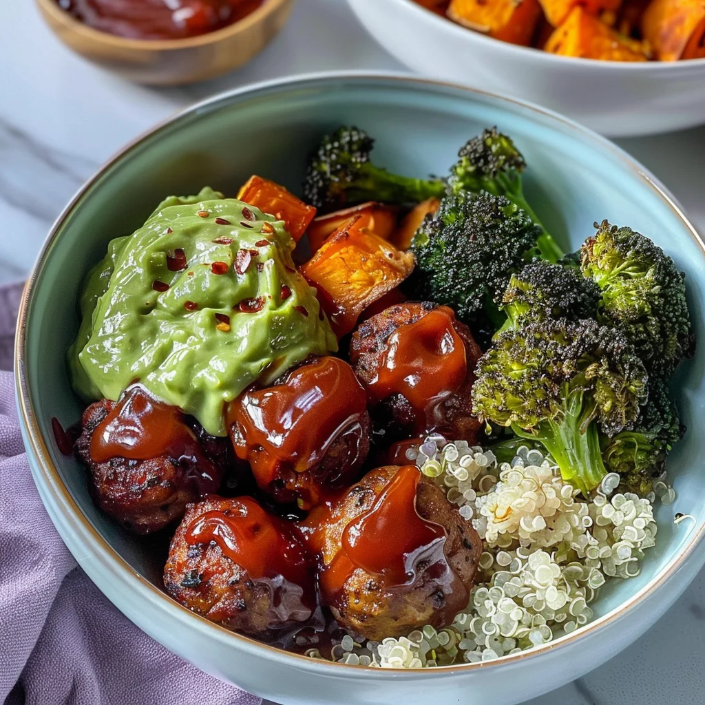 Barbecue Meatball Bowls with Avocado Goddess Sauce