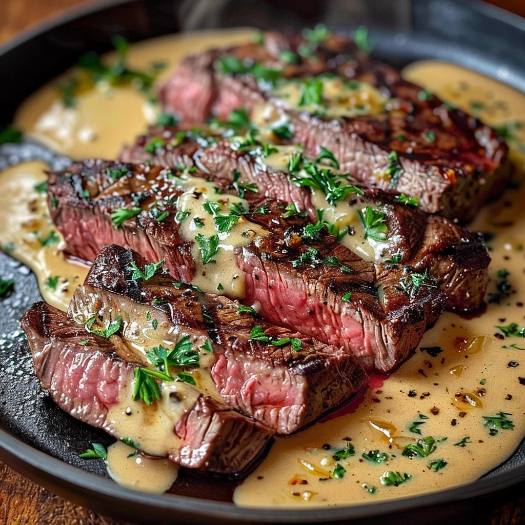 Cast Iron Bavette Steak with Whiskey Garlic Cream Sauce