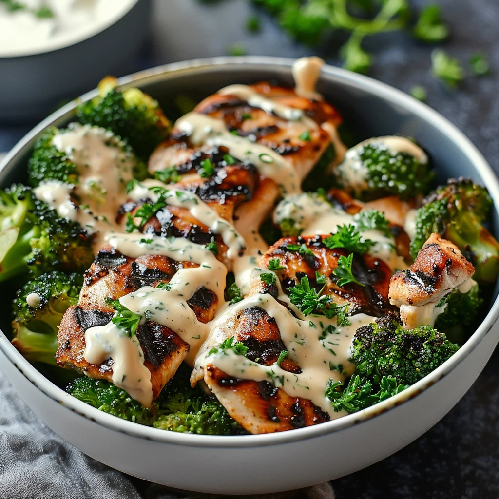 Grilled Chicken & Broccoli Bowls with Creamy Garlic Sauce