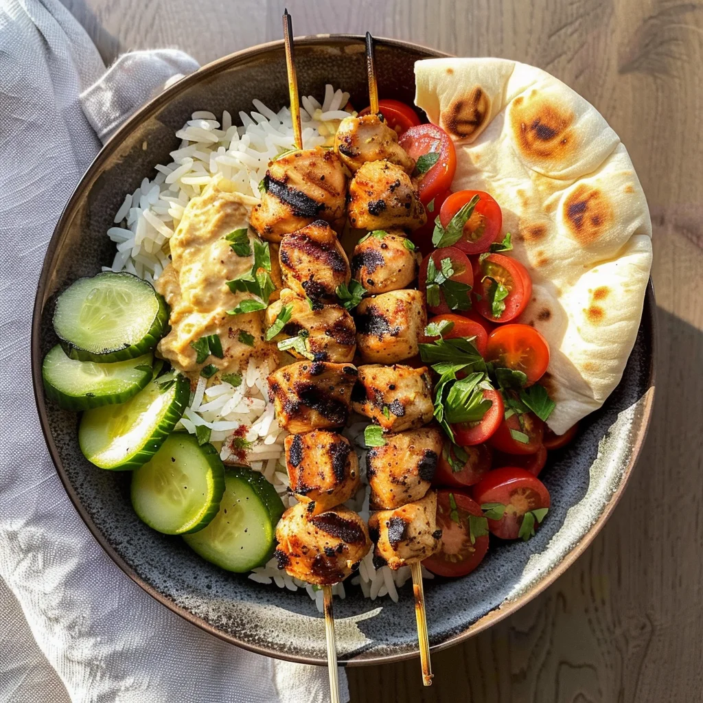 Mediterranean Bowl with Grilled Chicken Tawook Skewers