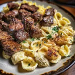 Steak Bites and Shell Pasta in Garlic Butter Alfredo Sauce