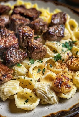 Steak Bites and Shell Pasta in Garlic Butter Alfredo Sauce
