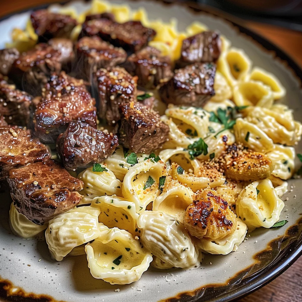 Steak Bites and Shell Pasta in Garlic Butter Alfredo Sauce