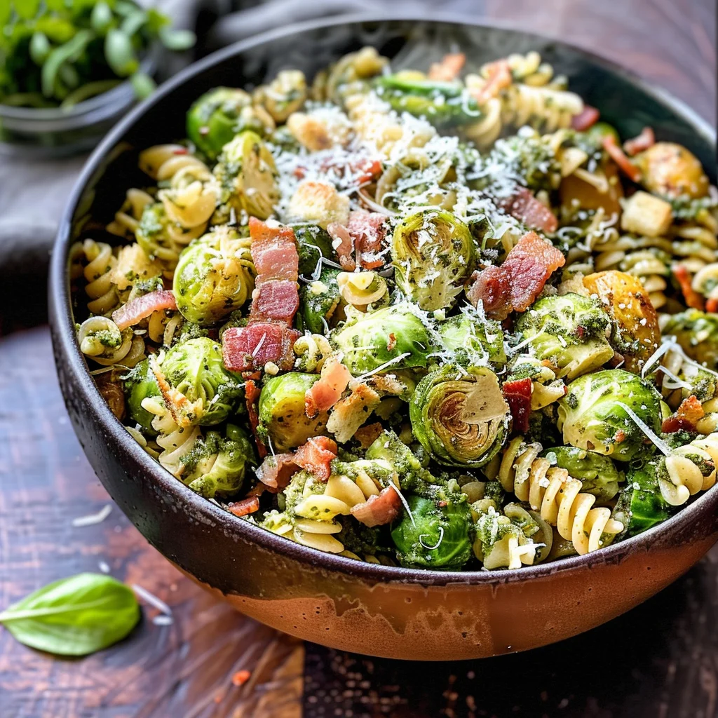 Brussels Sprouts and Bacon Pesto Pasta