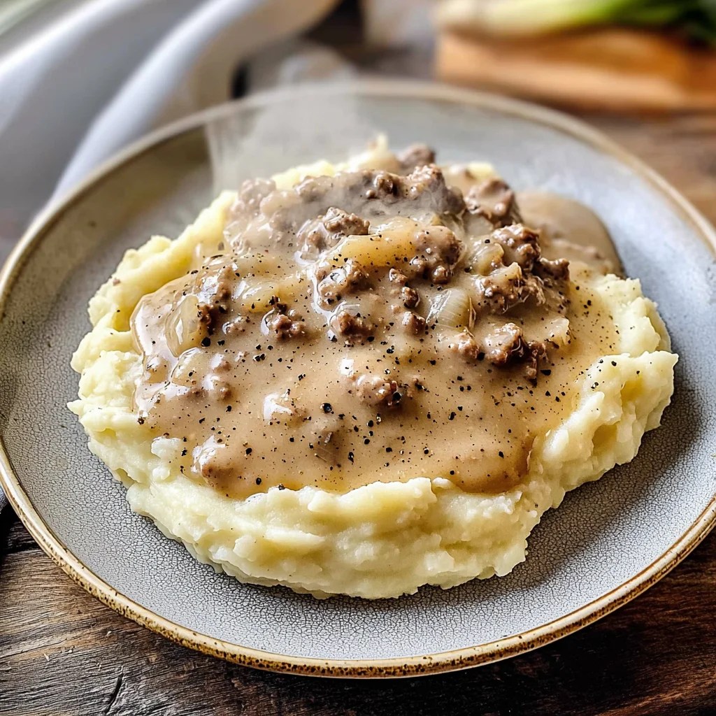 Delicious Hamburger Gravy Over Mashed Potatoes