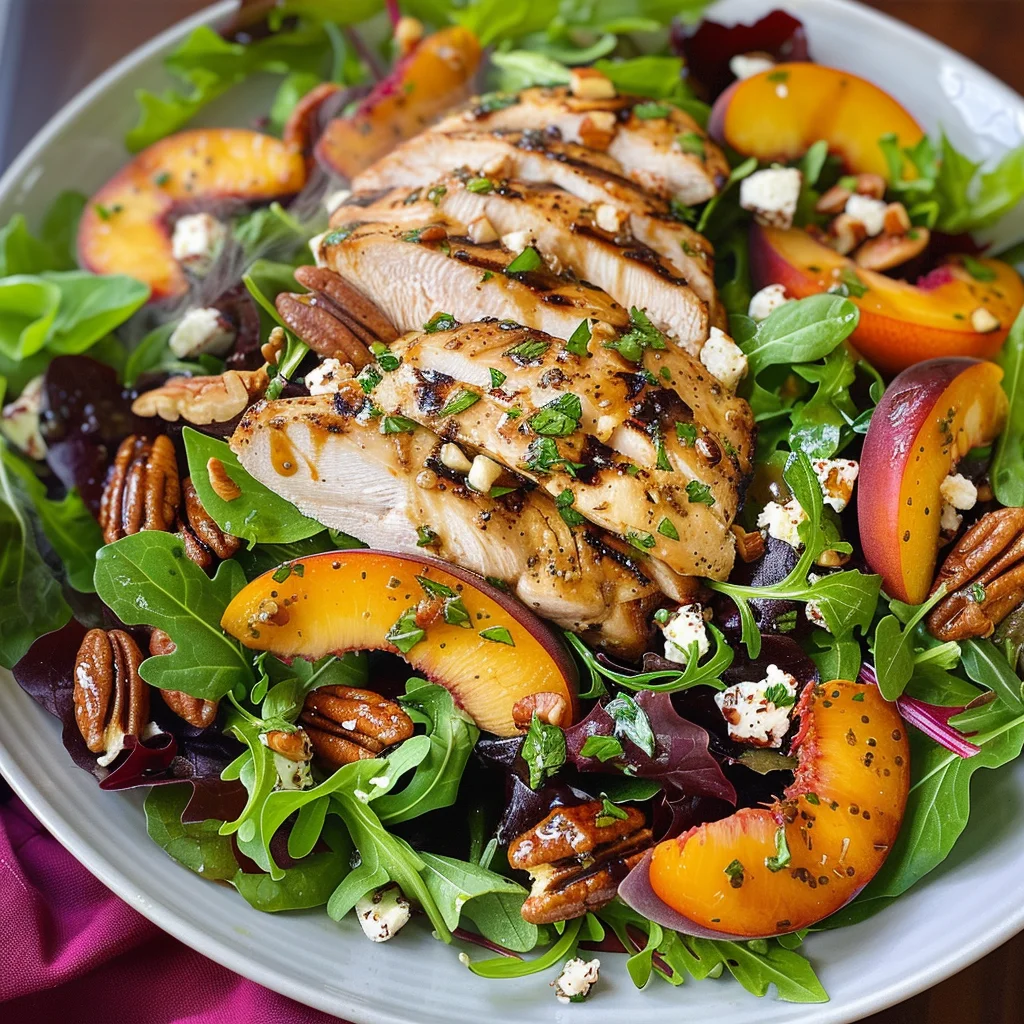 Grilled Chicken, Peach, Pecan and Goat Cheese Salad with Basil Vinaigrette