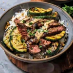 Grilled Steak Bowl with Creamy Sauce & Grilled Zucchini