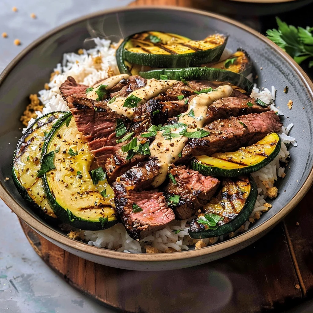 Grilled Steak Bowl with Creamy Sauce & Grilled Zucchini