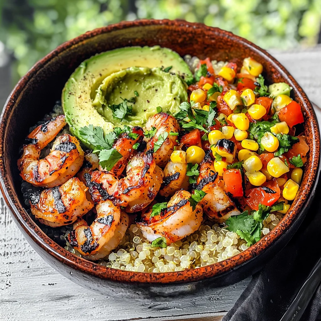 Grilled Shrimp Bowl with Avocado, Corn Salsa & Creamy Sauce